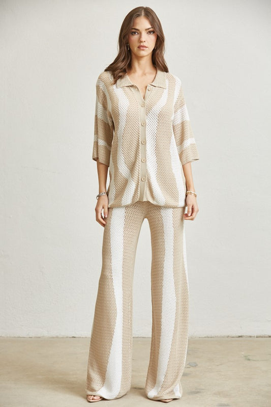 Rich Look Wavy Knit Top & Pants Set- Nude