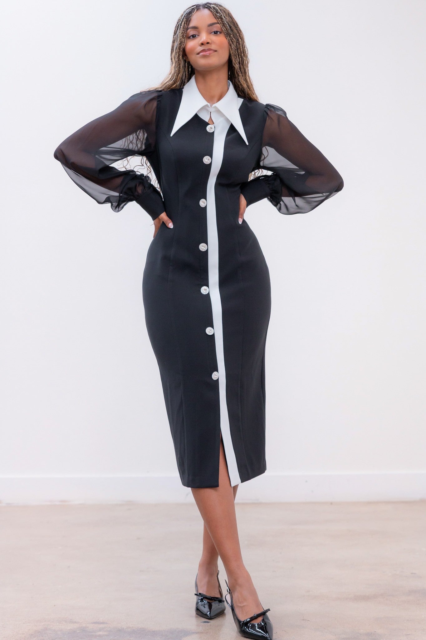 Black & White Contrast Collar Midi Dress