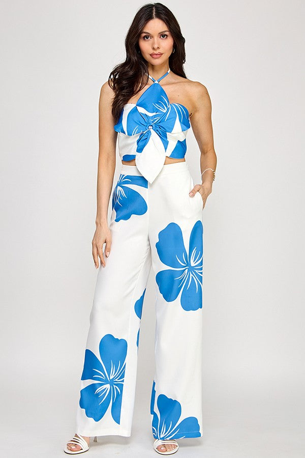Flower Petal Resort Pants Set- Blue