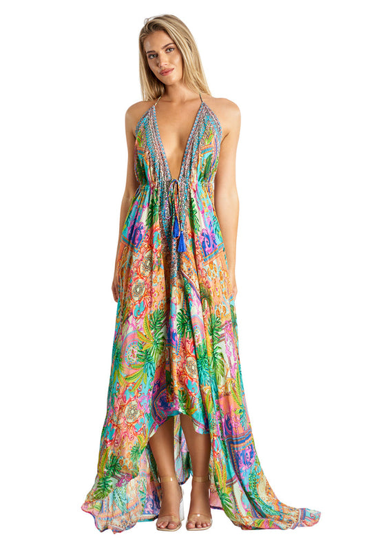Resort Wear by La Moda Halter Neck 3-Way Maxi Dress- Multi Palm