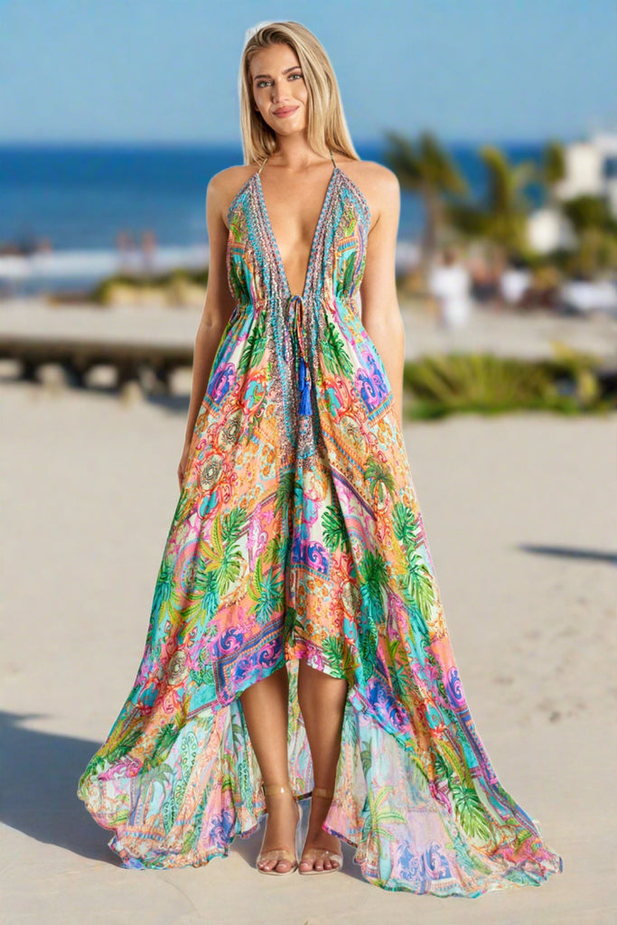 Resort Wear by La Moda Halter Neck 3-Way Maxi Dress- Multi Palm