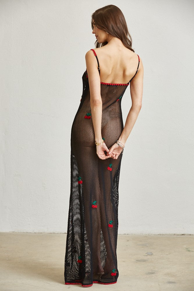 Cherry Open-Knit Maxi Dress/Lingerie/Swimwear Coverup- Black