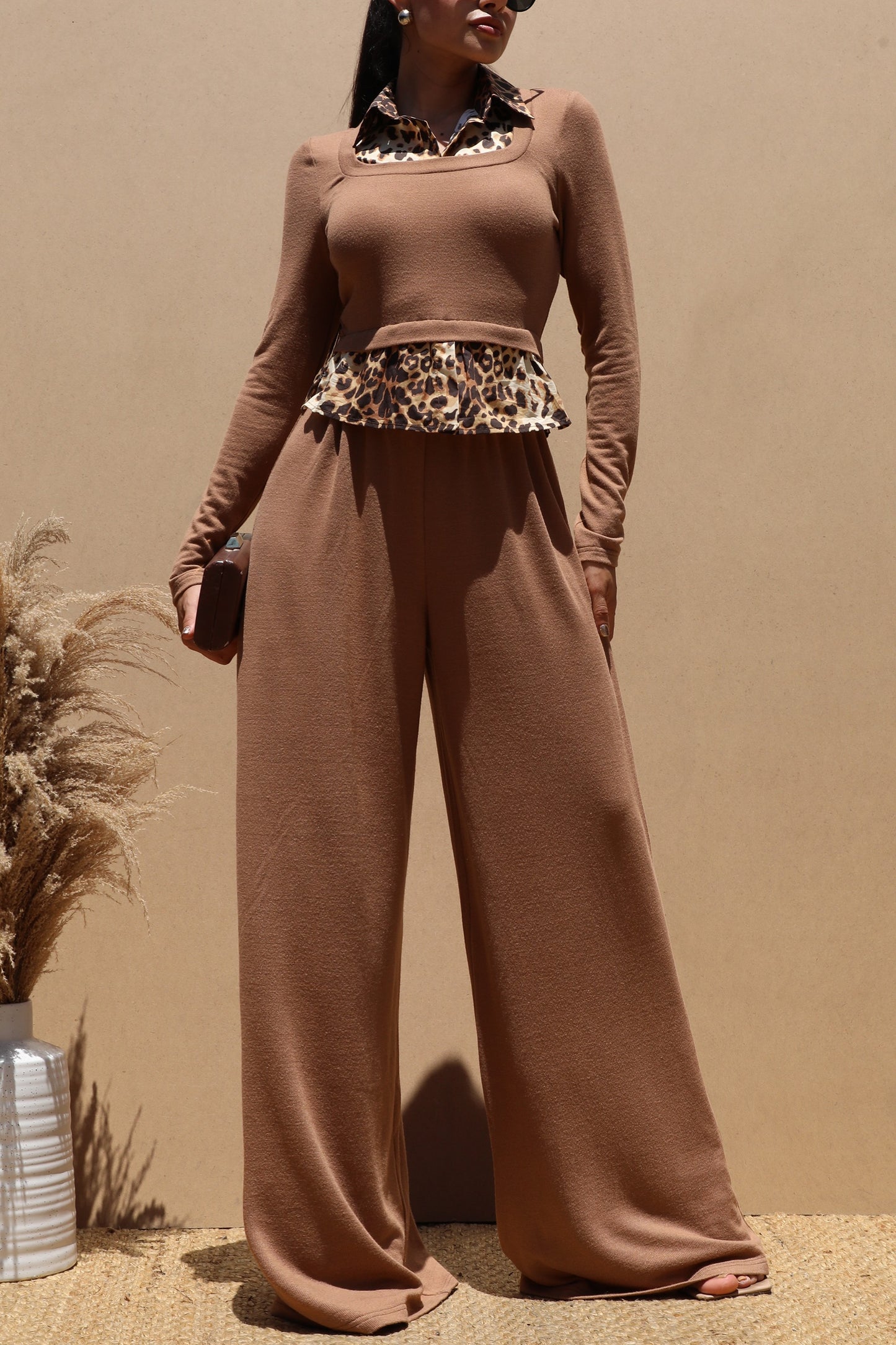 Shirt Knit Top And Pant Set- Mocha