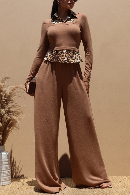 Shirt Knit Top And Pant Set- Mocha