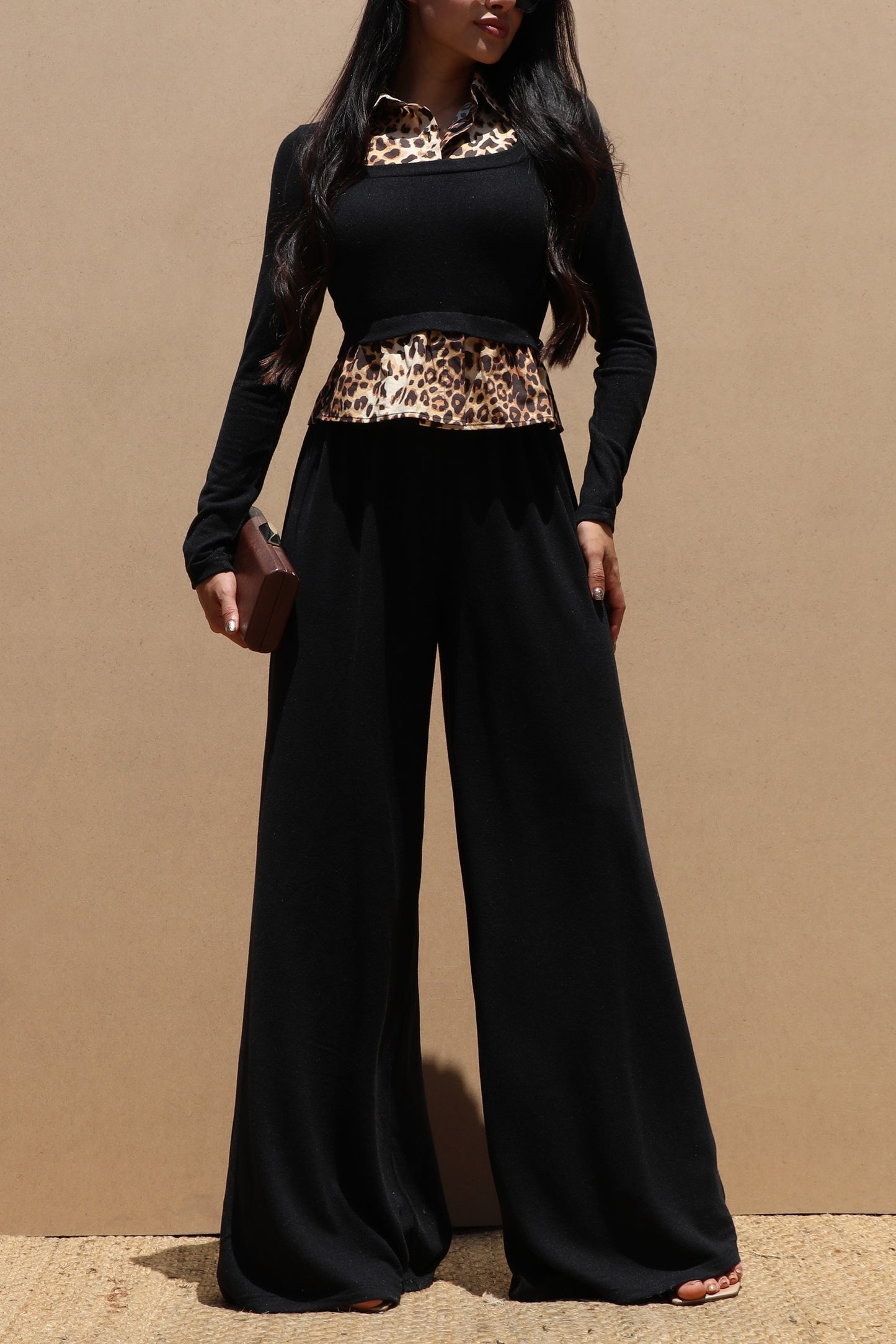 Shirt Knit Top And Pant Set- Black