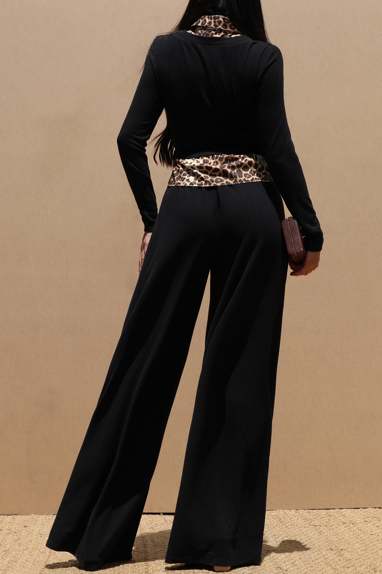 Shirt Knit Top And Pant Set- Black