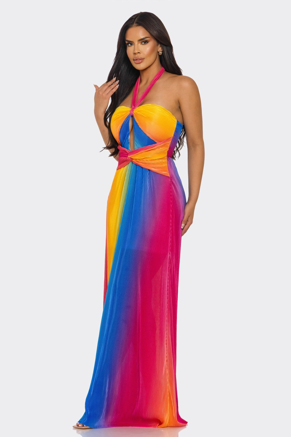 Halter Neck Tie Rainbow Maxi Dress