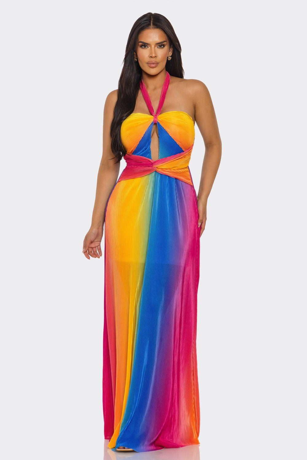 Halter Neck Tie Rainbow Maxi Dress
