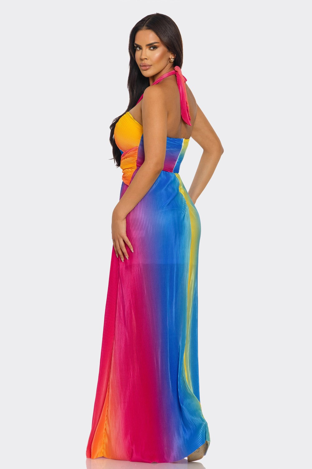 Halter Neck Tie Rainbow Maxi Dress