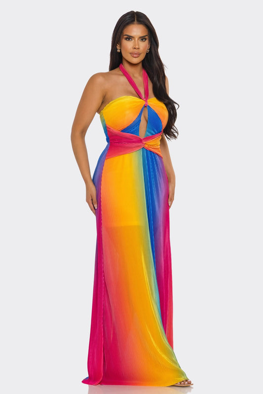 Halter Neck Tie Rainbow Maxi Dress