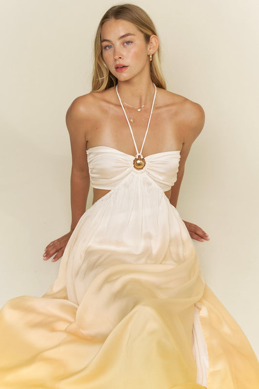 Ombre Seashell Trim Halter Neck Maxi Dress- Pineapple