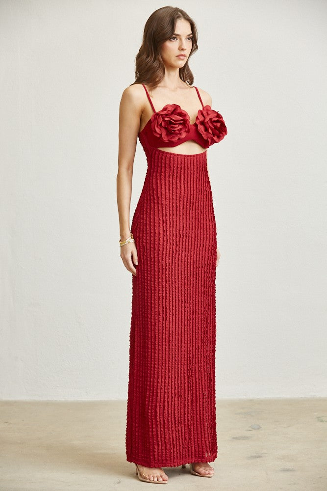 All My Love 3D Rose Maxi Dress- Red