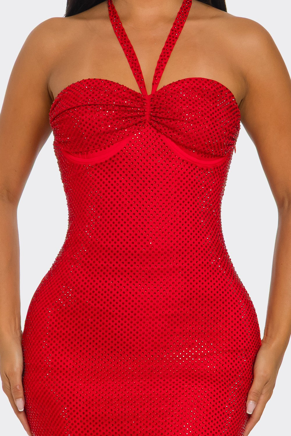 Corset-Style Halterneck Shimmering Maxi Dress- Red