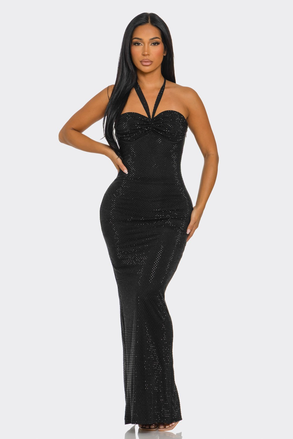 Corset-Style Halterneck Shimmering Maxi Dress- Black