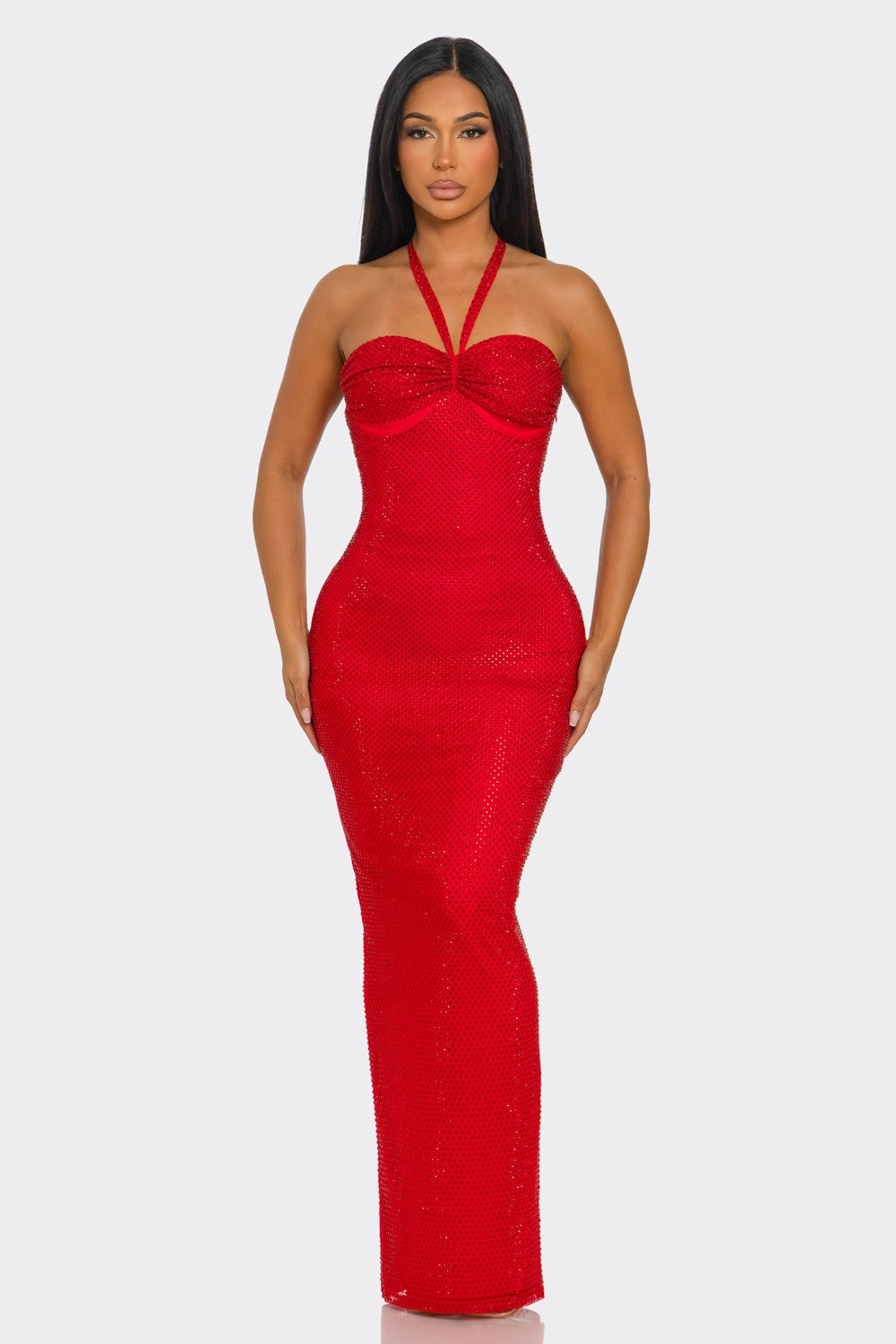 Corset-Style Halterneck Shimmering Maxi Dress- Red