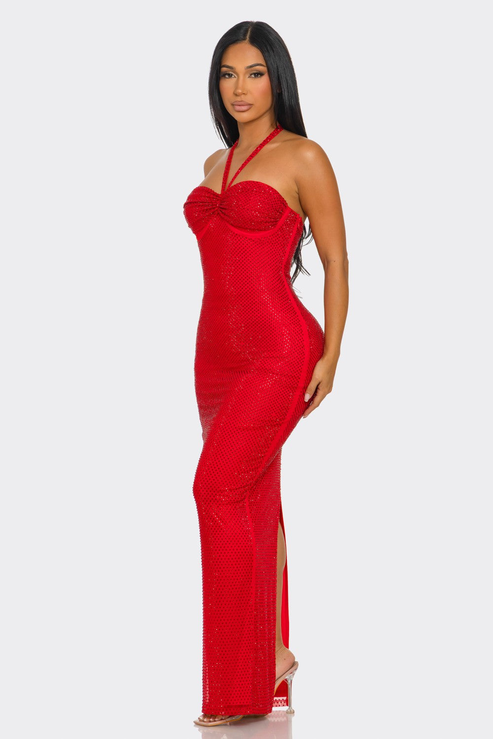 Corset-Style Halterneck Shimmering Maxi Dress- Red