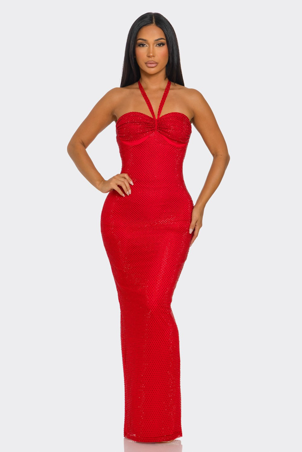 Corset-Style Halterneck Shimmering Maxi Dress- Red
