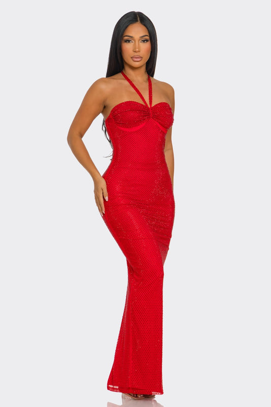 Corset-Style Halterneck Shimmering Maxi Dress- Red