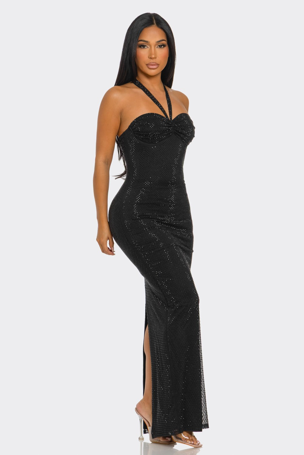 Corset-Style Halterneck Shimmering Maxi Dress- Black