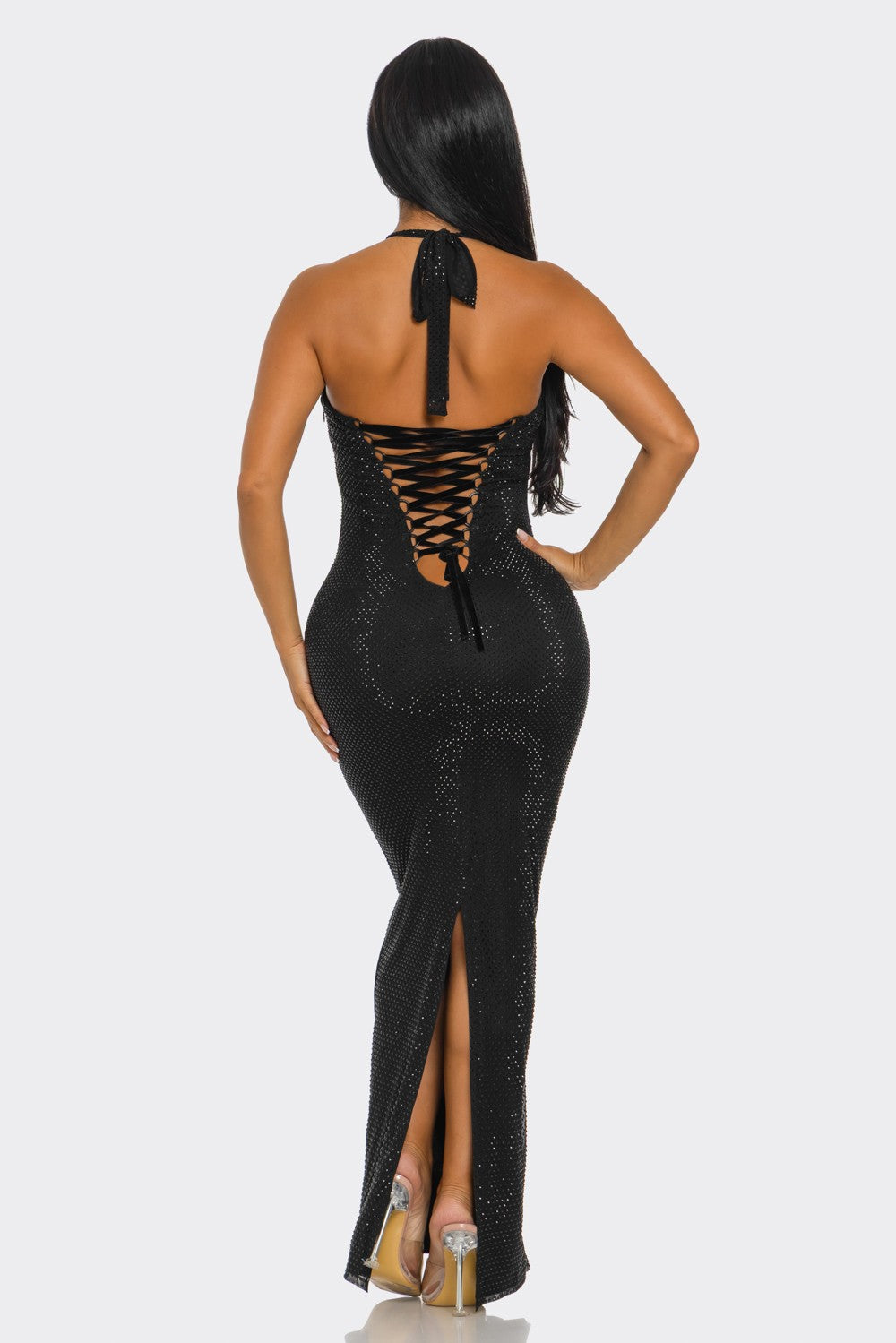 Corset-Style Halterneck Shimmering Maxi Dress- Black