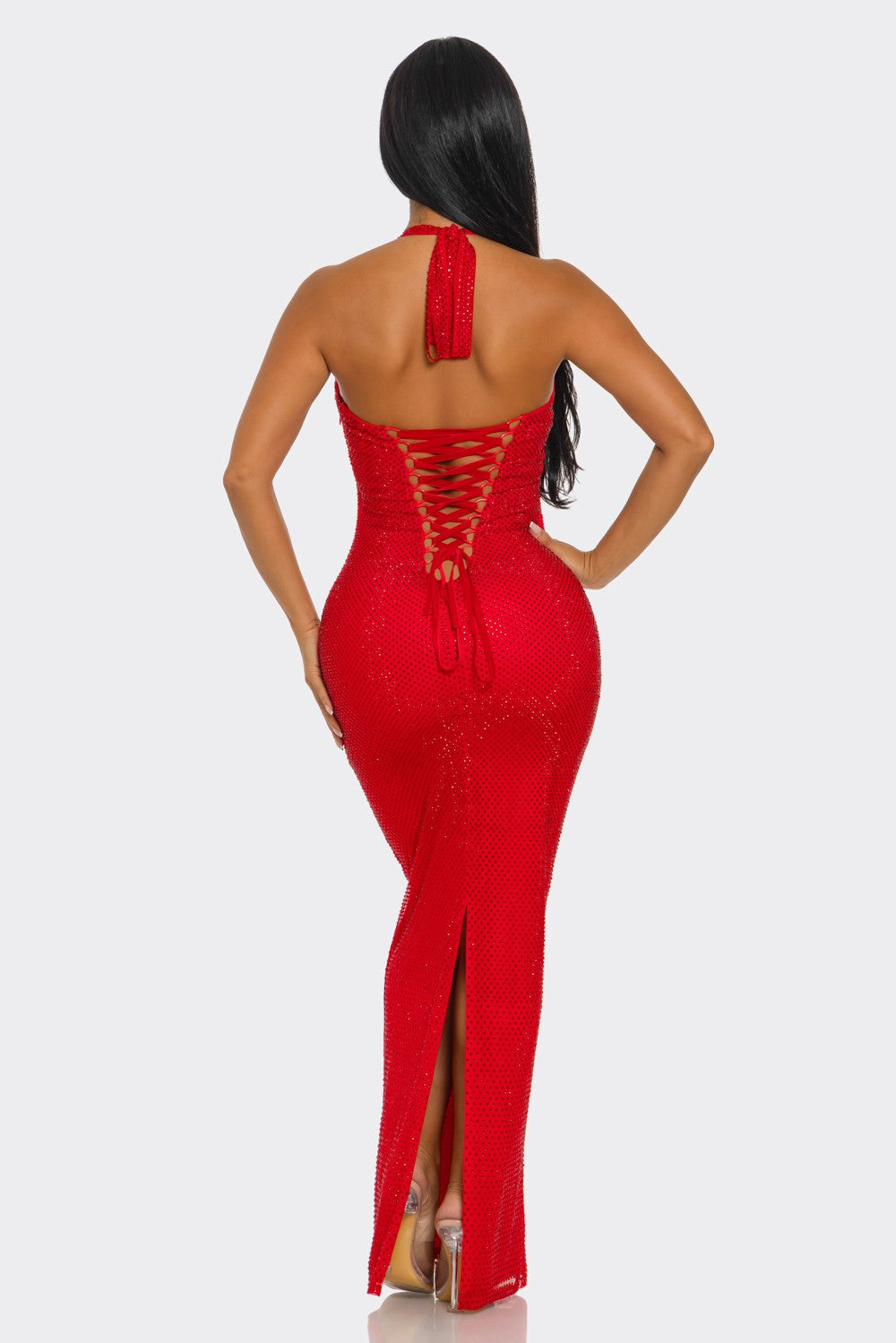 Corset-Style Halterneck Shimmering Maxi Dress- Red