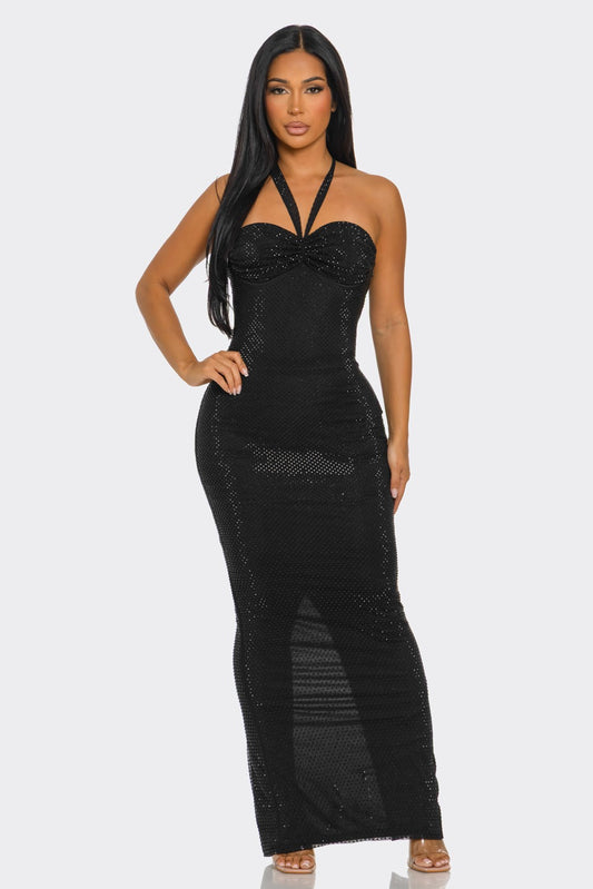 Corset-Style Halterneck Shimmering Maxi Dress- Black
