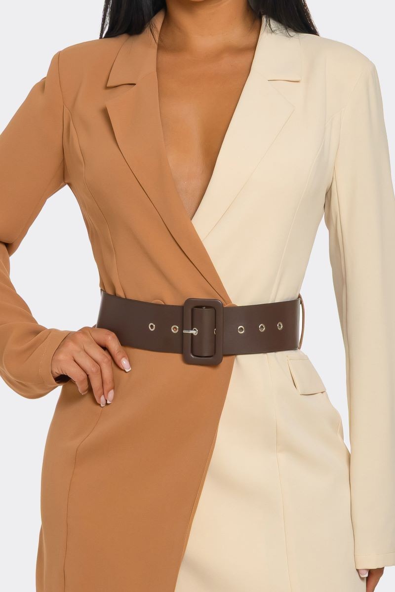 Color Block Belted Long Sleeve Mini Dress/Jacket- Brown