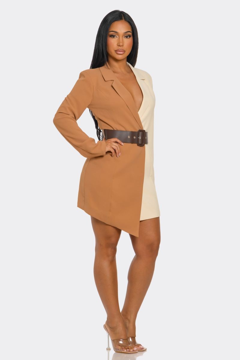 Color Block Belted Long Sleeve Mini Dress/Jacket- Brown