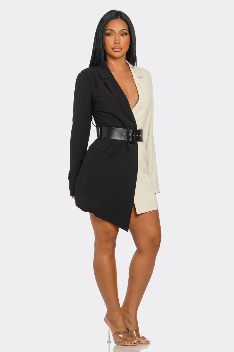 Color Block Belted Long Sleeve Mini Dress/Jacket- Black