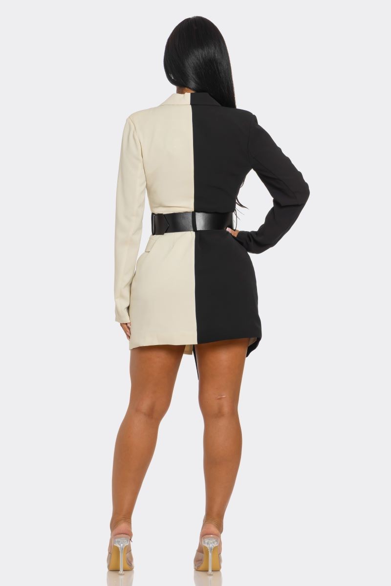Color Block Belted Long Sleeve Mini Dress/Jacket- Black