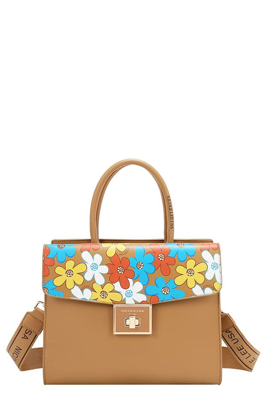 Nicole Lee USA Flower Pop Satchel Bag- Taupe