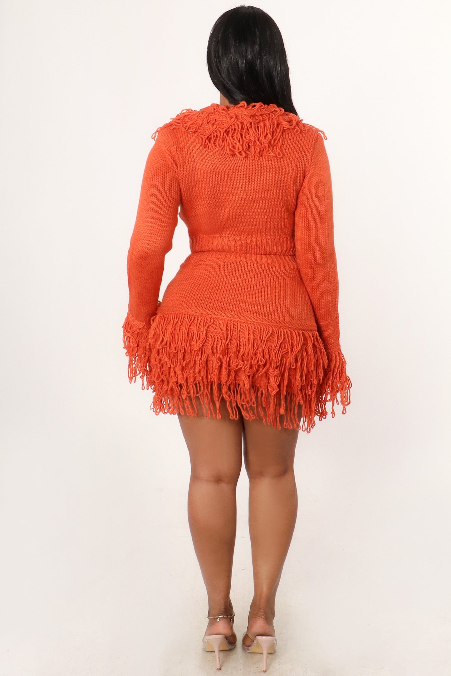 Crochet Fringe V-neck Sweater Top And Skirt Set- Rust