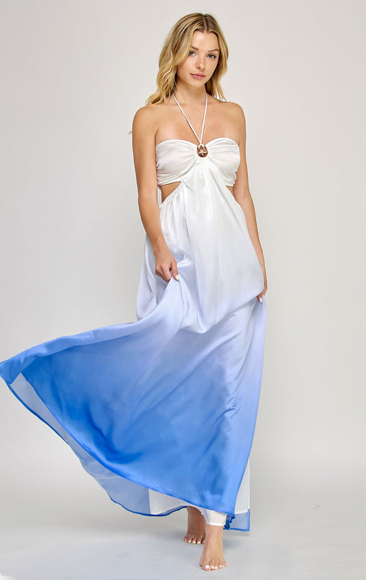 Ombre Starfish Trim Halter Neck Maxi Dress- Sea Blue