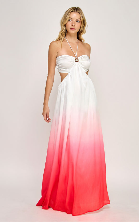 Ombre Starfish Trim Halter Neck Maxi Dress- Strawberry
