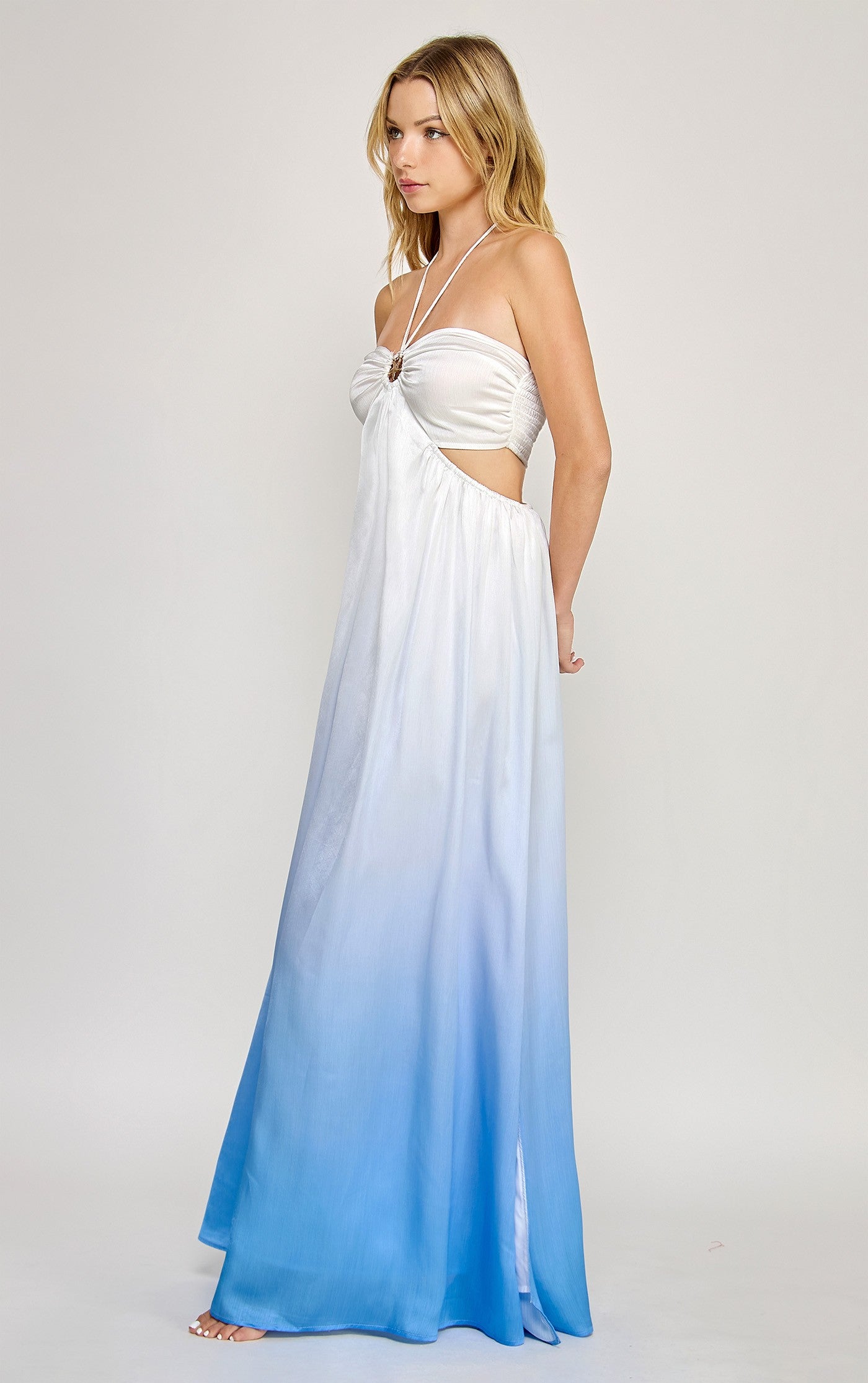 Ombre Starfish Trim Halter Neck Maxi Dress- Sea Blue