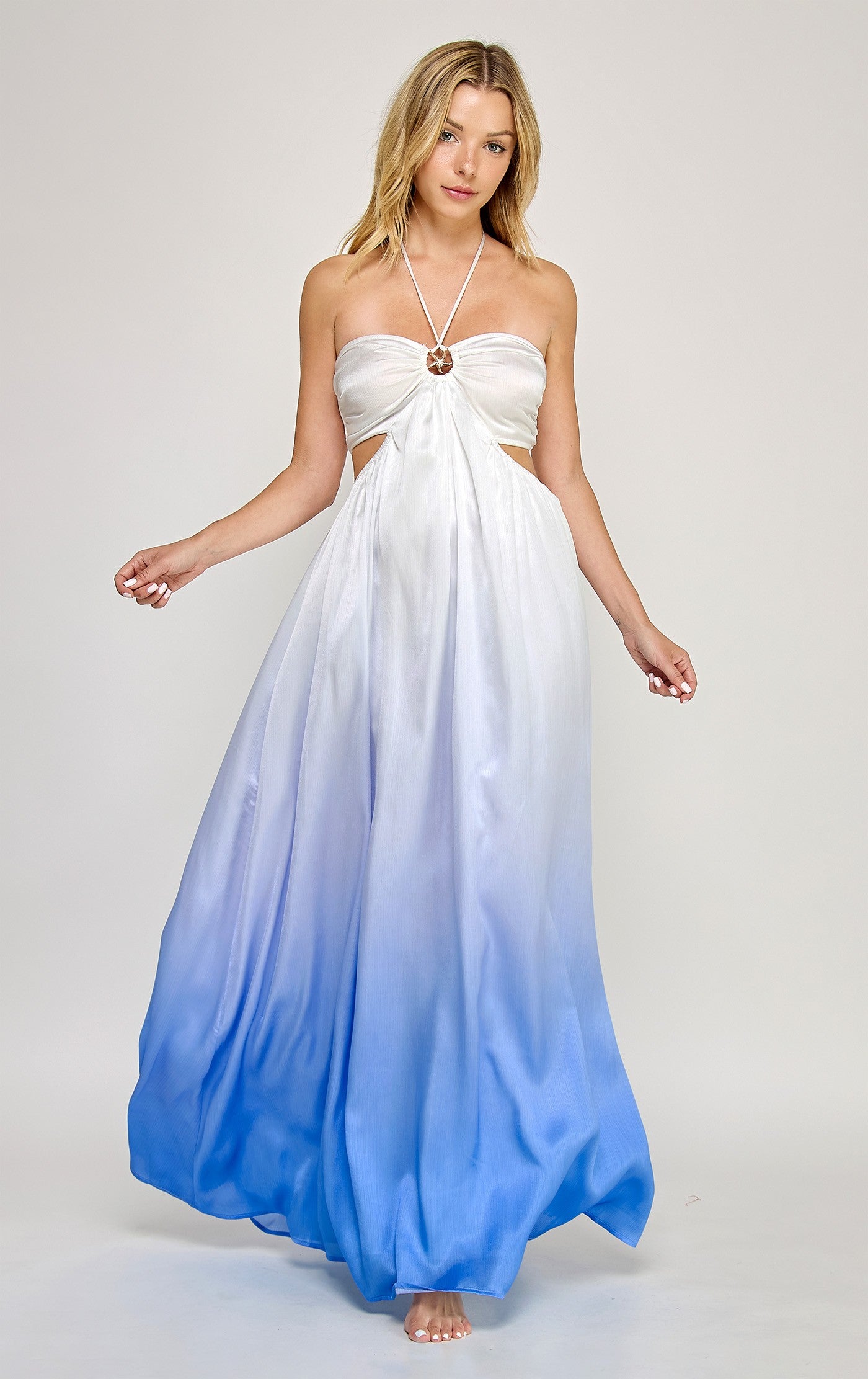 Ombre Starfish Trim Halter Neck Maxi Dress- Sea Blue