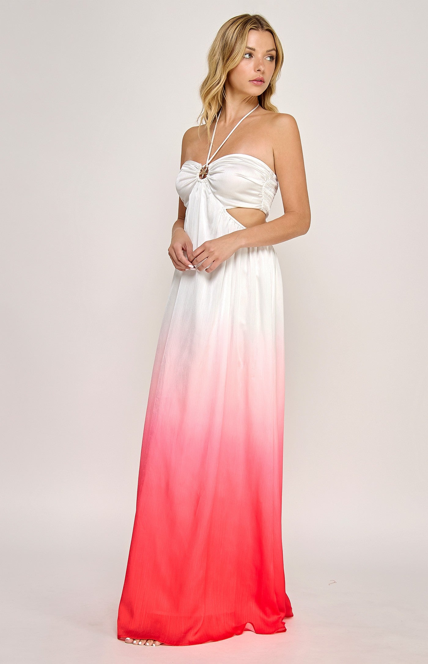 Ombre Starfish Trim Halter Neck Maxi Dress- Strawberry