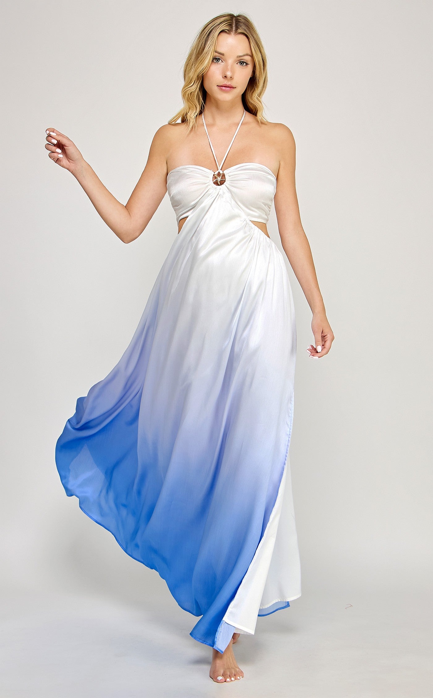 Ombre Starfish Trim Halter Neck Maxi Dress- Sea Blue