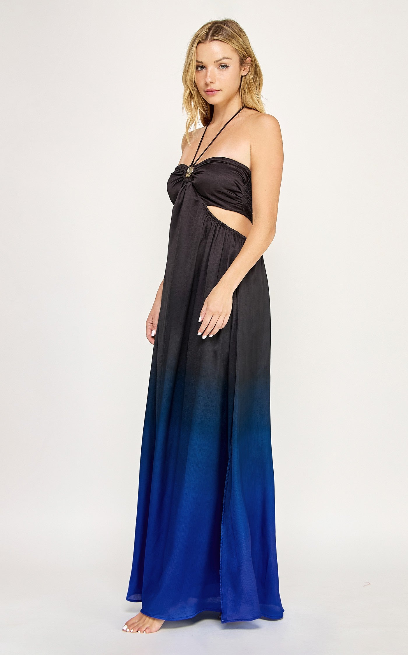 Ombre Ammonite Trim Halter Neck Maxi Dress- Black/Blue