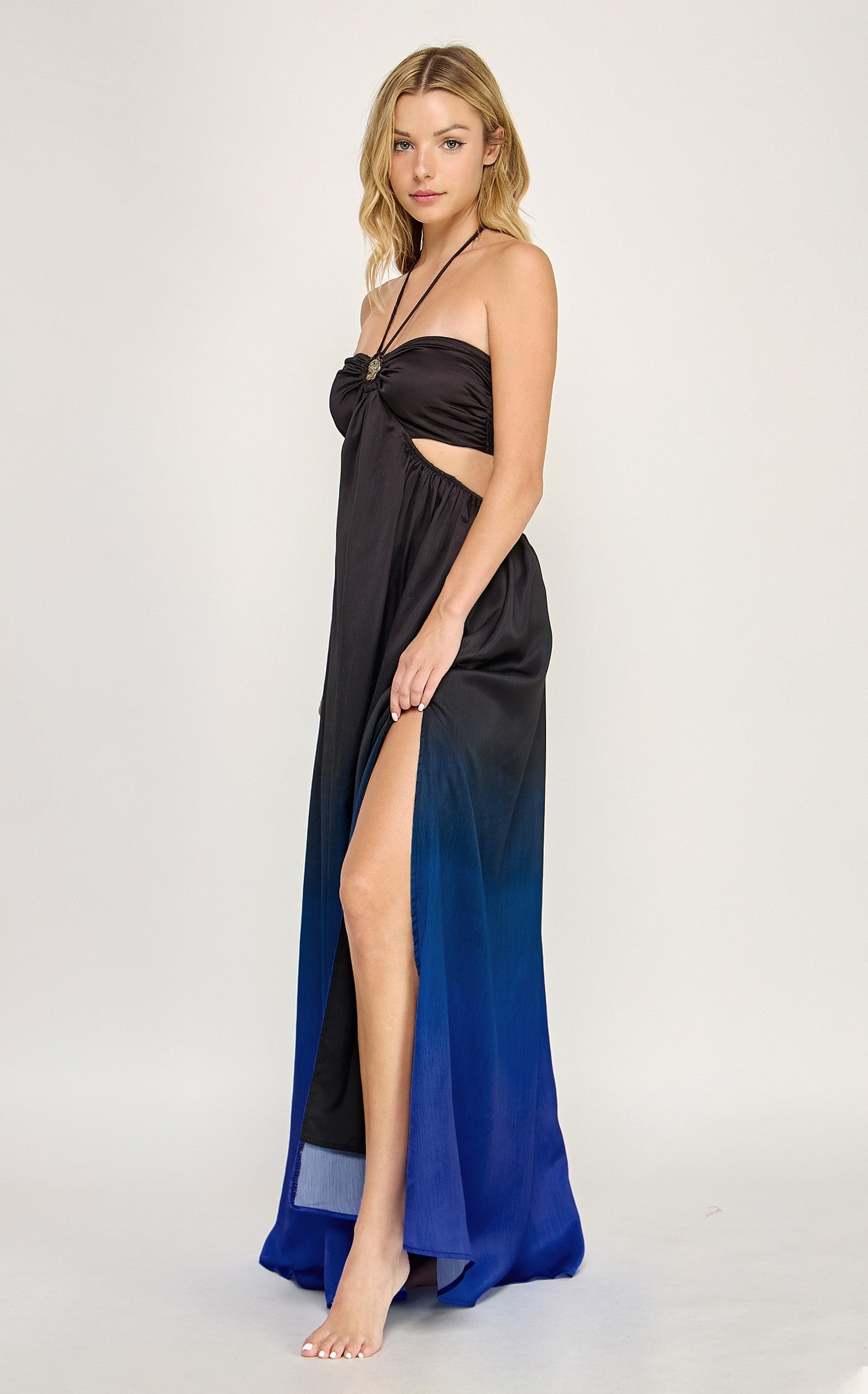 Ombre Ammonite Trim Halter Neck Maxi Dress- Black/Blue