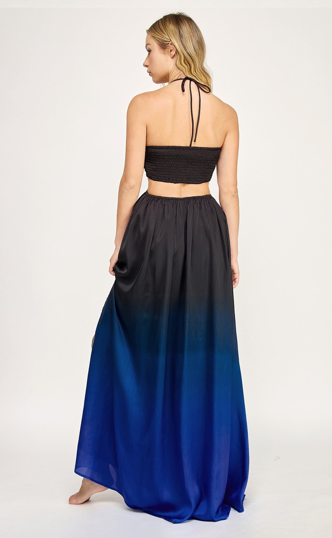Ombre Ammonite Trim Halter Neck Maxi Dress- Black/Blue