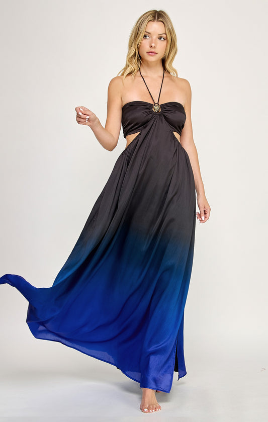 Ombre Ammonite Trim Halter Neck Maxi Dress- Black/Blue