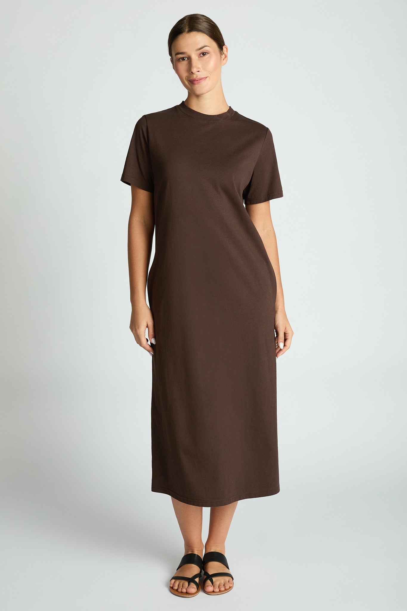 Comfort Collection: Cotton T-Shirt Midi Dress- Black/Chocolate/Grey