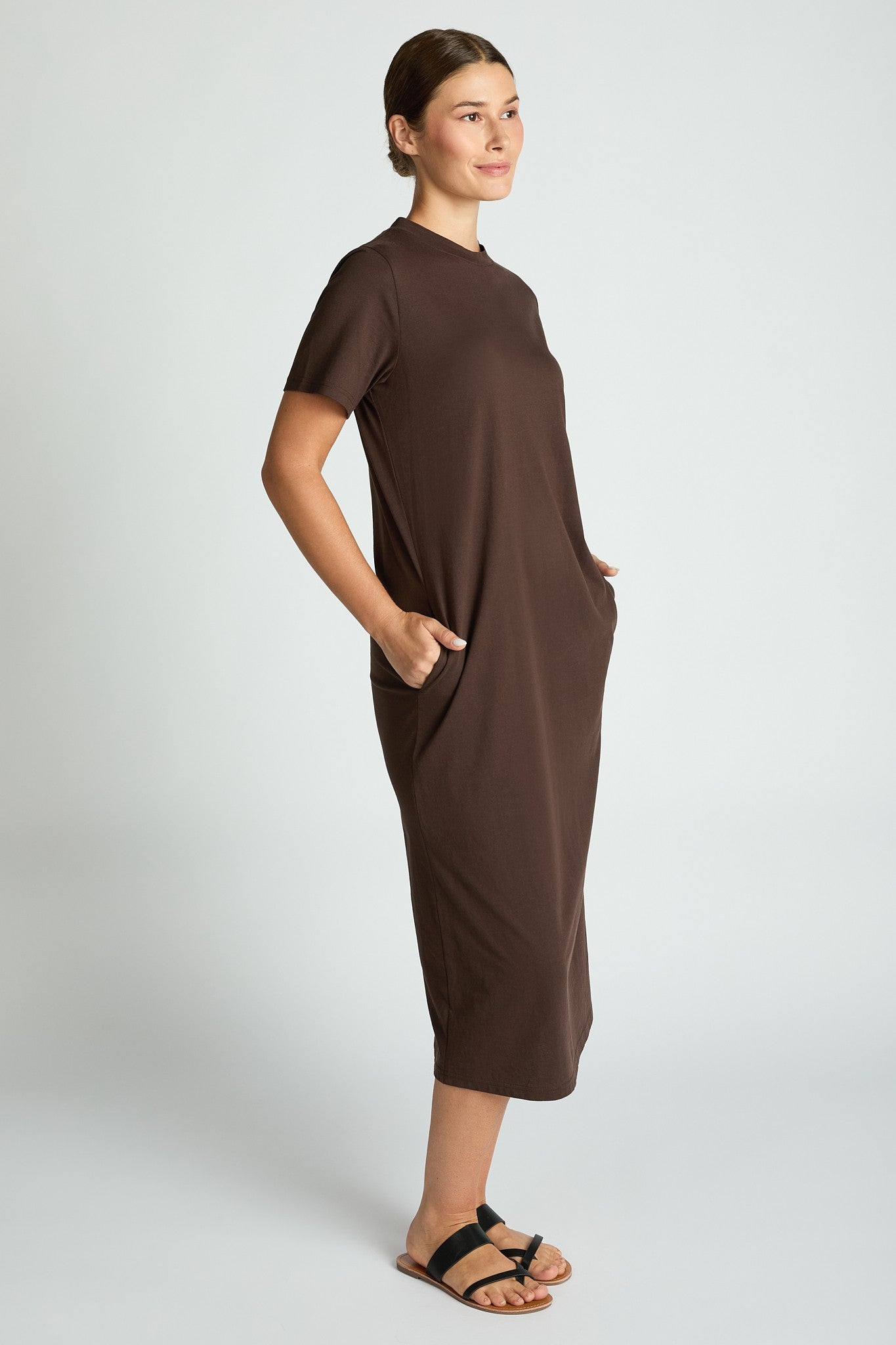 Comfort Collection: Cotton T-Shirt Midi Dress- Black/Chocolate/Grey