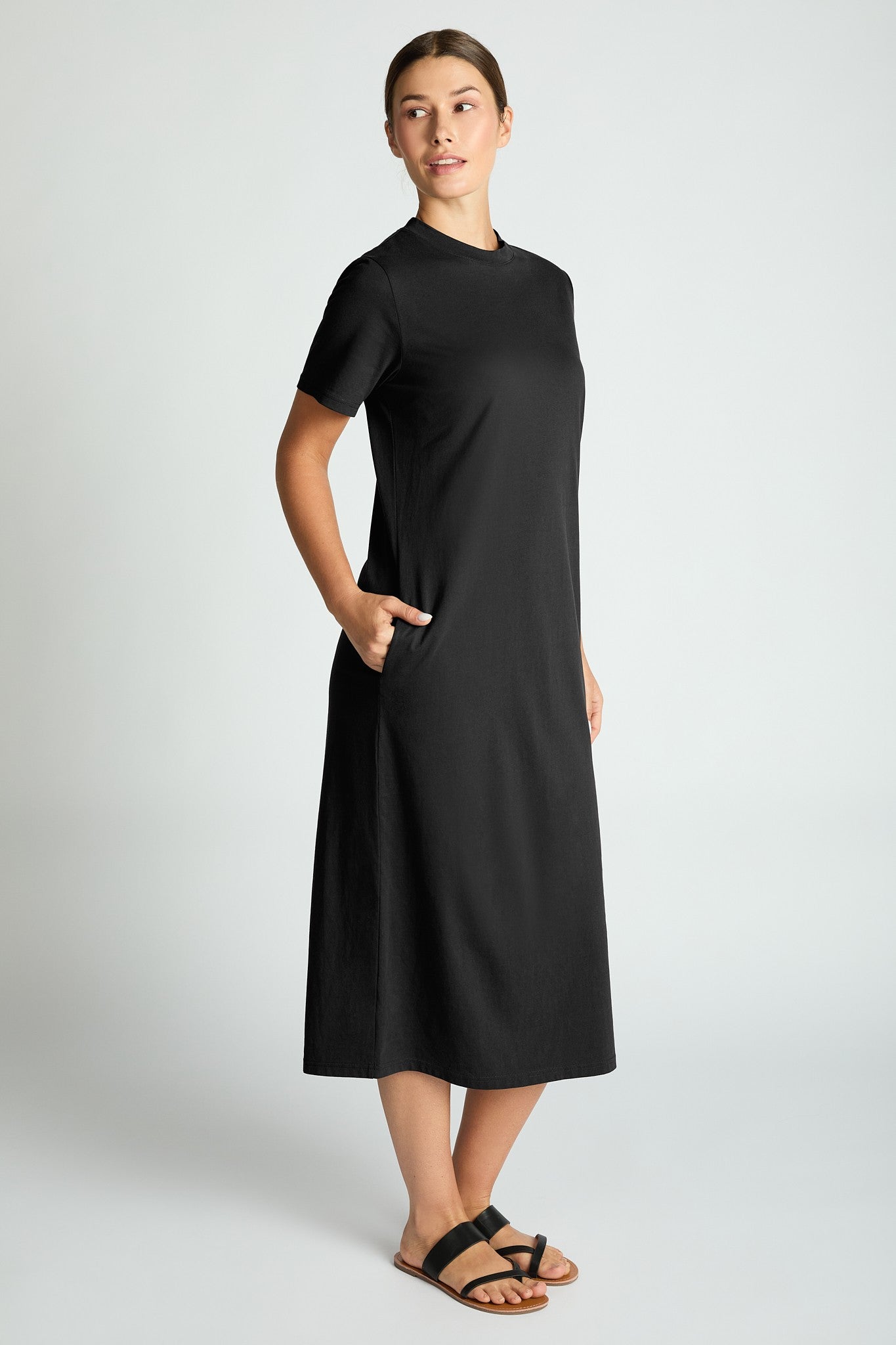 Comfort Collection: Cotton T-Shirt Midi Dress- Black/Chocolate/Grey