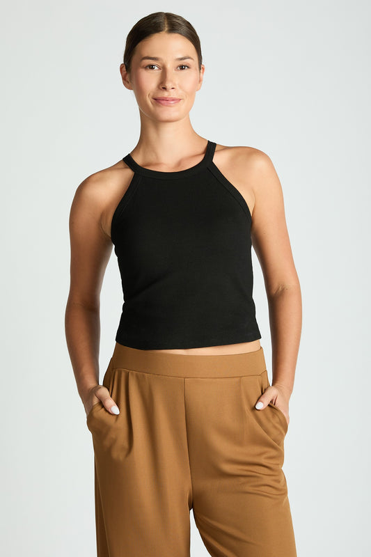 Comfort Collection: Ribbed Cropped Built in Halter Bra Top- 3 Colors
