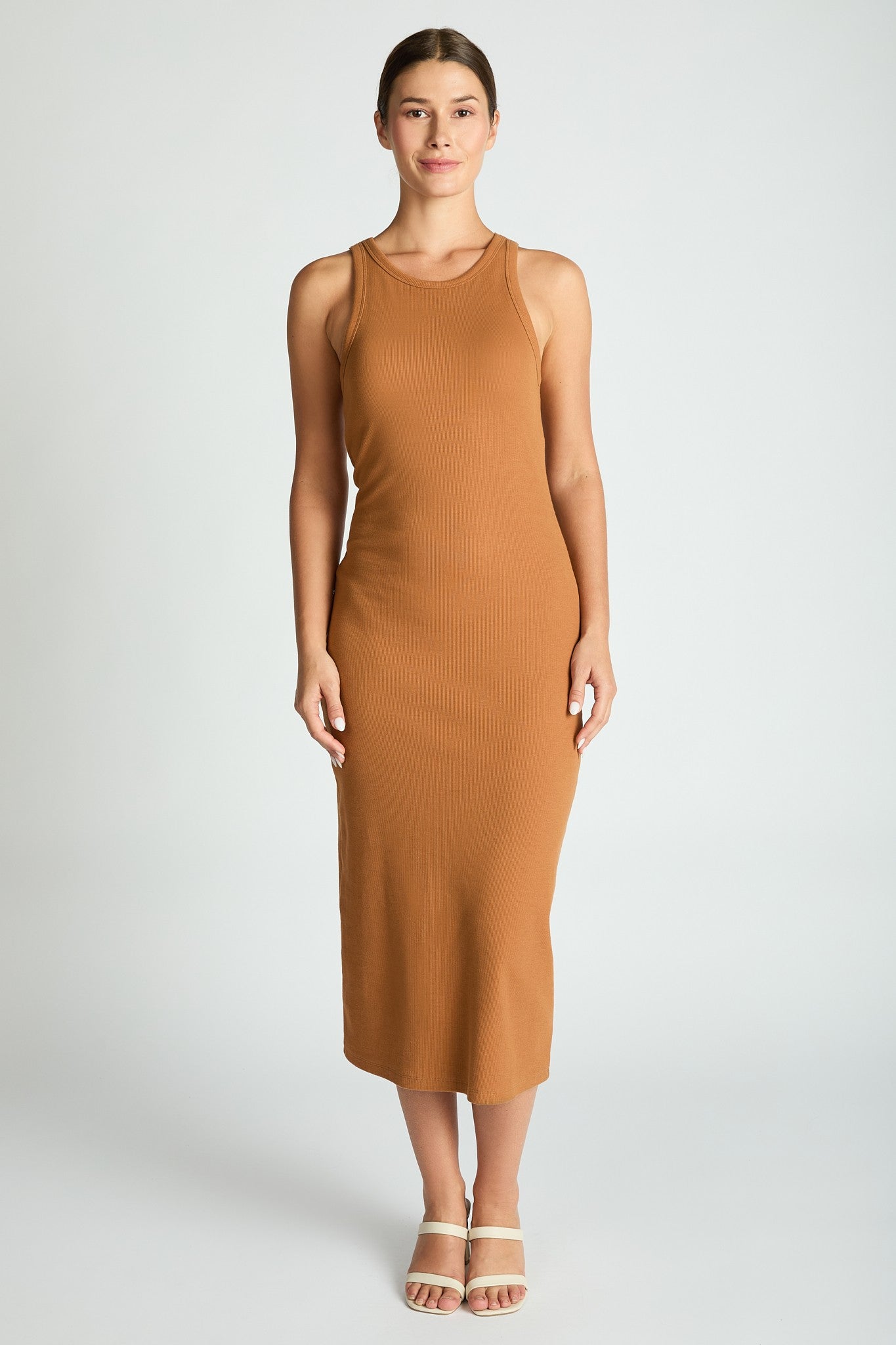 Comfort Collection: Ribbed Sleeveless Built In Bra Dress- Black/Cinnamon/Grey