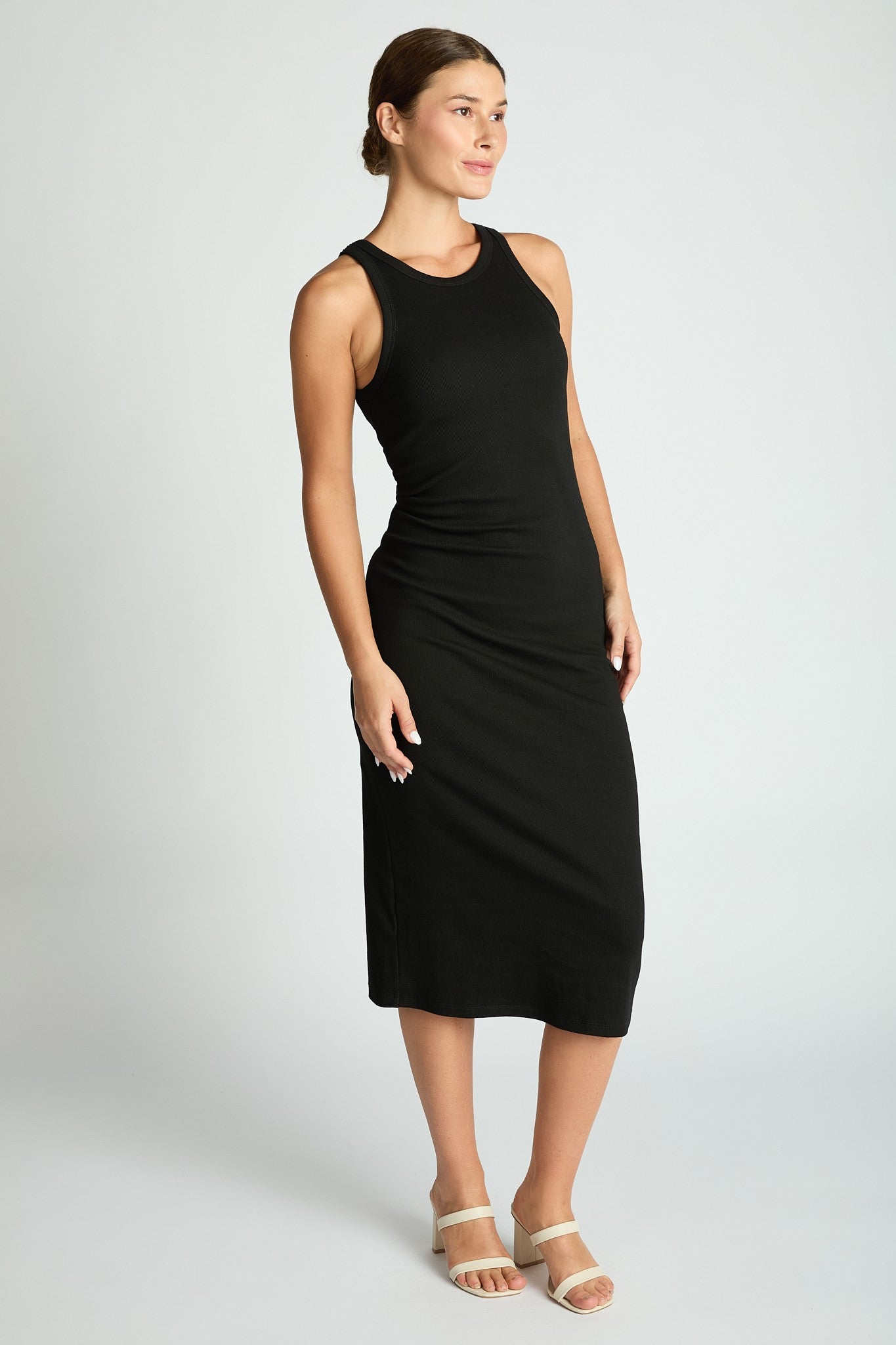 Comfort Collection: Ribbed Sleeveless Built In Bra Dress- Black/Cinnamon/Grey