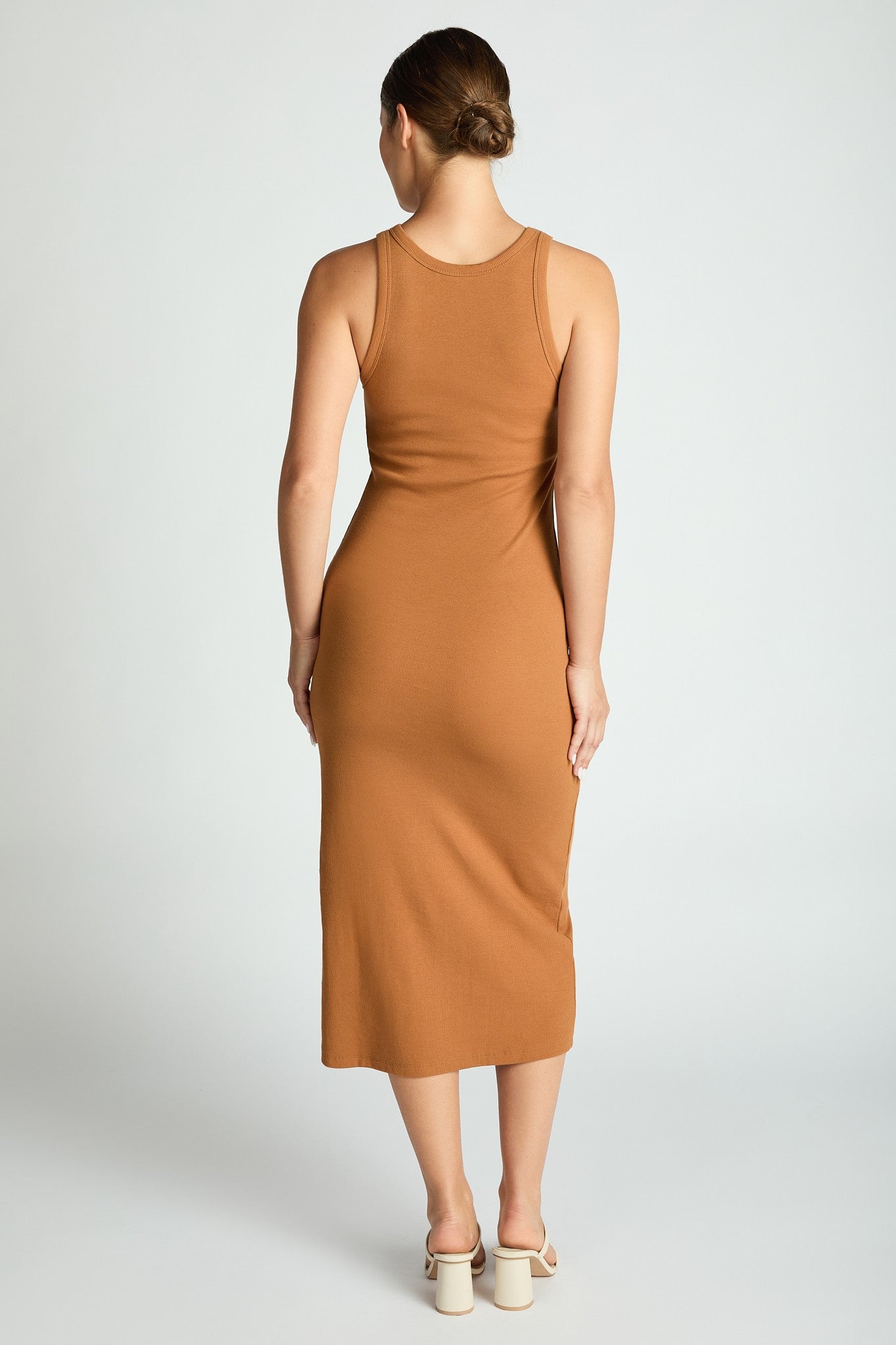 Comfort Collection: Ribbed Sleeveless Built In Bra Dress- Black/Cinnamon/Grey