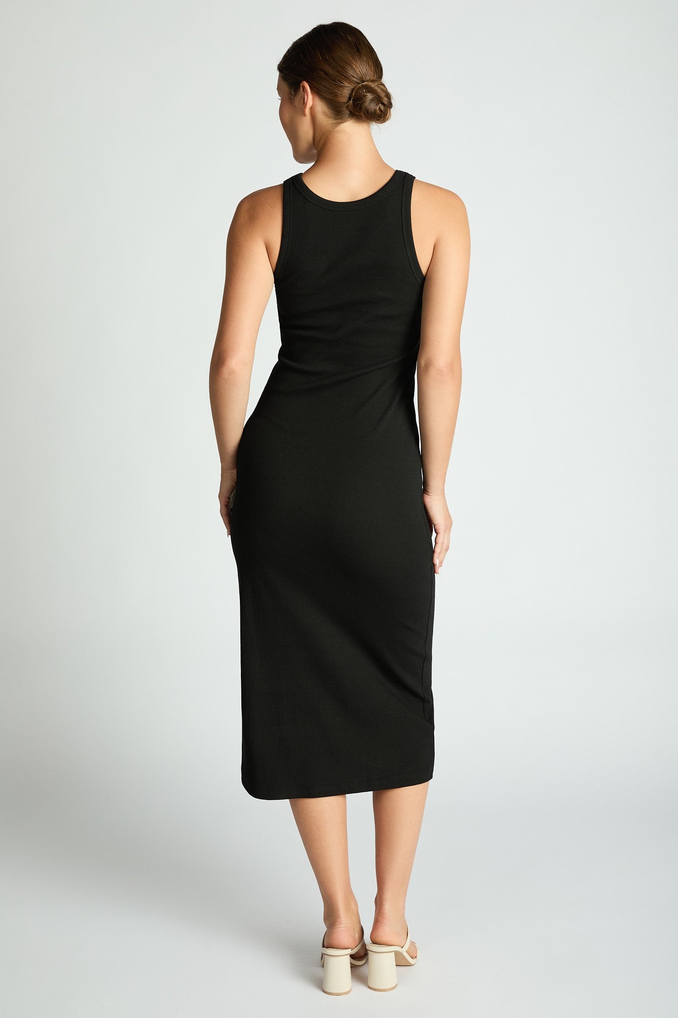 Comfort Collection: Ribbed Sleeveless Built In Bra Dress- Black/Cinnamon/Grey